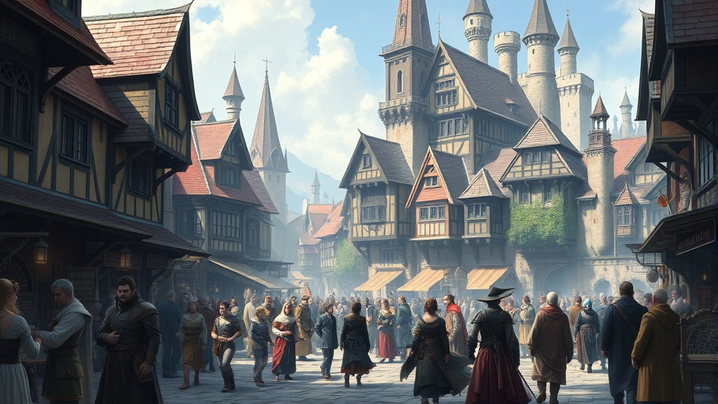An open marketplace in a medieval fantasy town with diverse NPCs and detailed architecture, bustling with activity, vibrant natural lighting, no text or menus visible