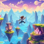 Colorful pixel art platformer character jumping through vibrant fantasy landscape with floating islands and glowing crystals, detailed sprite animation, retro-modern aesthetic, photorealistic lighting on digital art
