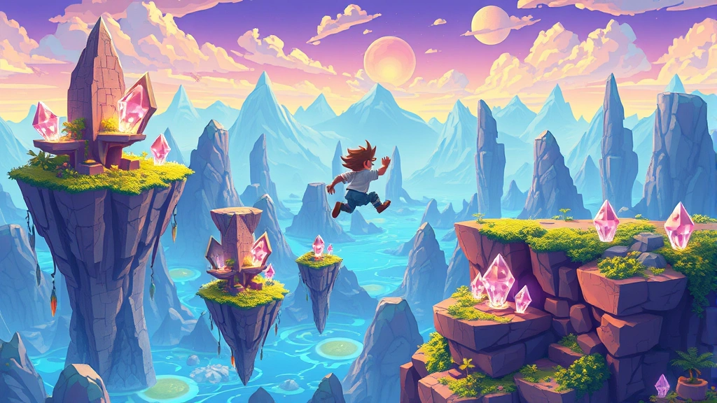 Colorful pixel art platformer character jumping through vibrant fantasy landscape with floating islands and glowing crystals, detailed sprite animation, retro-modern aesthetic, photorealistic lighting on digital art