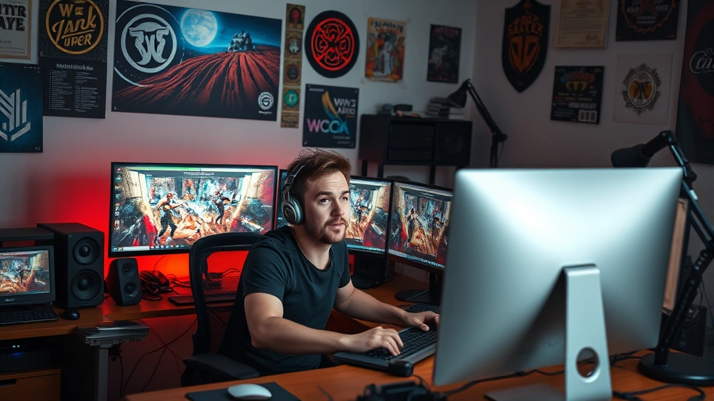 Indie game developer at desk with multiple monitors showing game development environment, creative workspace with gaming memorabilia, passionate creative moment, photorealistic office setting