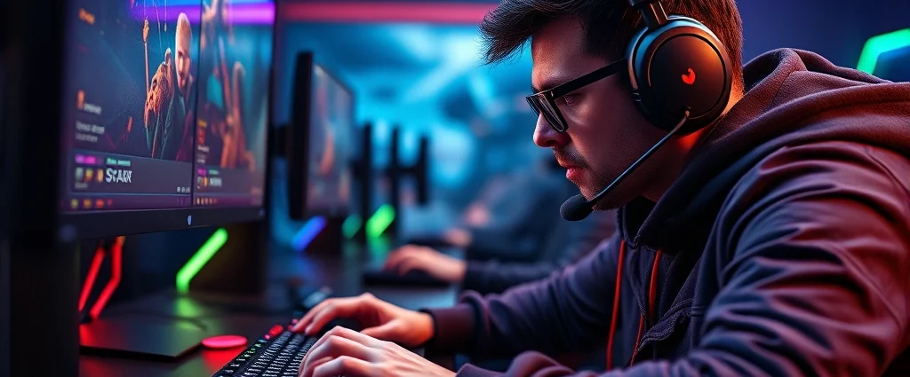 Professional esports player in competitive FPS match, hands on keyboard and mouse, intense focused expression, gaming setup with multiple monitors, RGB lighting, photorealistic detail