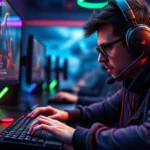 Professional esports player in competitive FPS match, hands on keyboard and mouse, intense focused expression, gaming setup with multiple monitors, RGB lighting, photorealistic detail