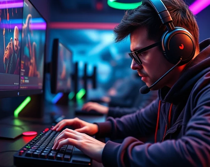 Professional esports player in competitive FPS match, hands on keyboard and mouse, intense focused expression, gaming setup with multiple monitors, RGB lighting, photorealistic detail