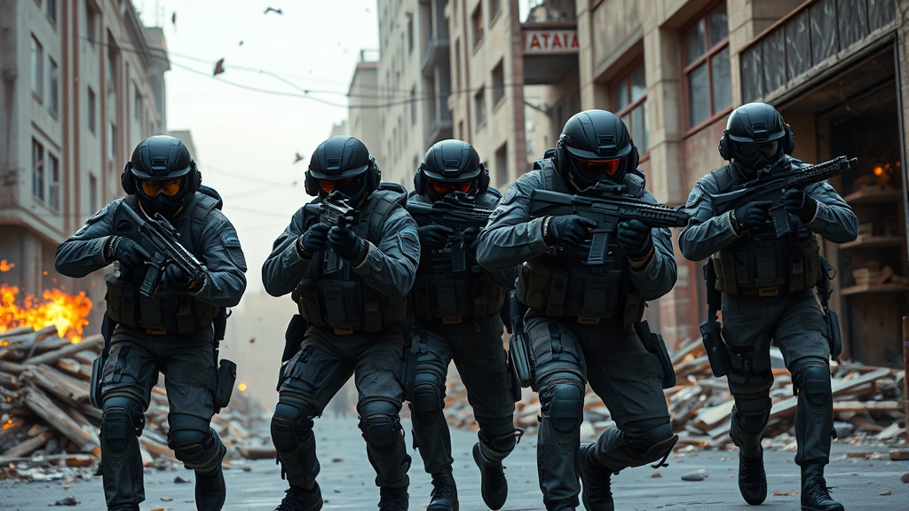 Team of four tactical players in modern military gear executing coordinated assault through destroyed urban environment, dynamic action pose, destruction debris, photorealistic cinematic lighting