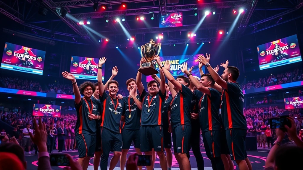 Victory celebration of esports team on stage at major tournament, holding championship trophy, stadium lights, crowd in background, professional gaming arena setting, photorealistic championship moment