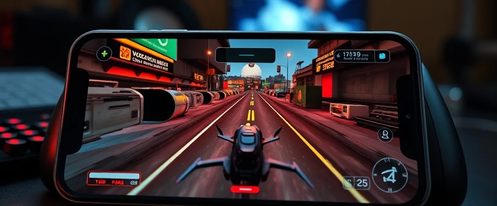 Close-up of iPhone 15 Pro display showing smooth 120fps gameplay with vibrant colors, professional gaming setup with controller in background, realistic lighting and shadows, no UI elements or text visible