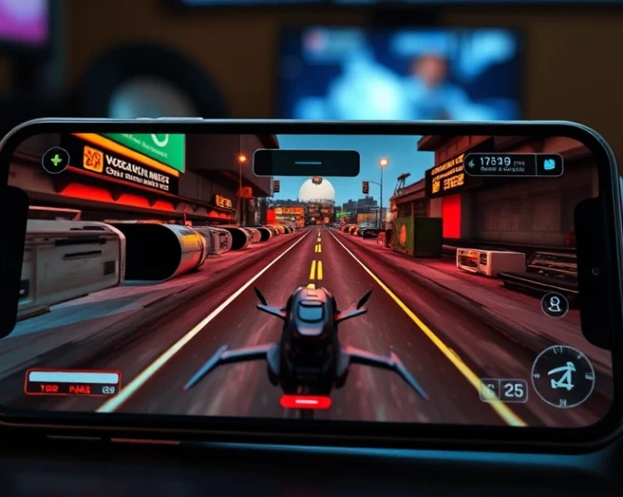 Close-up of iPhone 15 Pro display showing smooth 120fps gameplay with vibrant colors, professional gaming setup with controller in background, realistic lighting and shadows, no UI elements or text visible