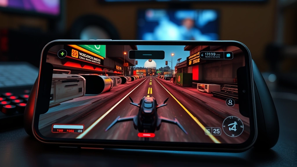 Close-up of iPhone 15 Pro display showing smooth 120fps gameplay with vibrant colors, professional gaming setup with controller in background, realistic lighting and shadows, no UI elements or text visible