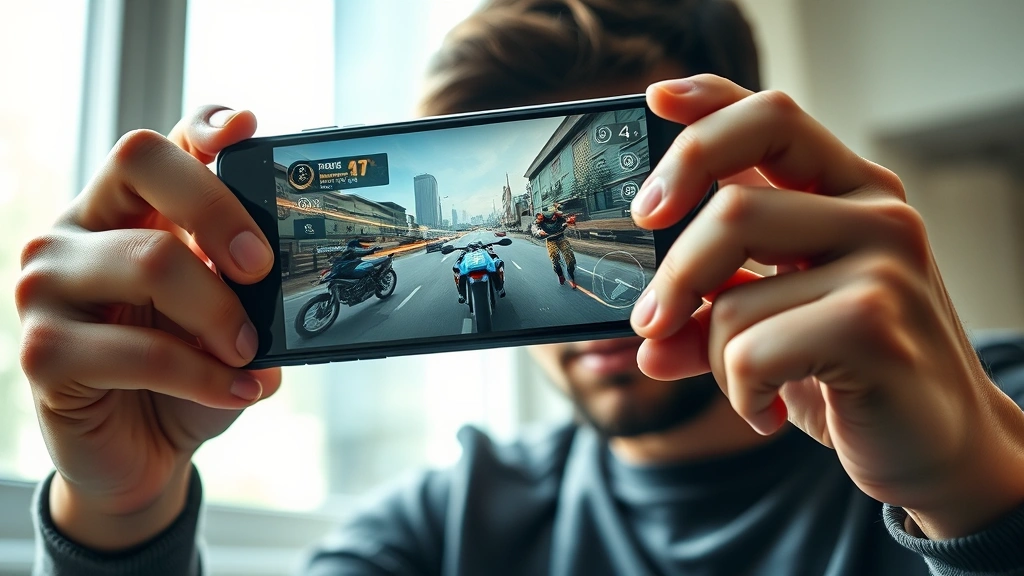 Gamer holding iPhone with intense focus expression, playing fast-paced action game, natural daylight streaming through window, detailed hand positioning showing responsive controls, photorealistic skin tones and textures