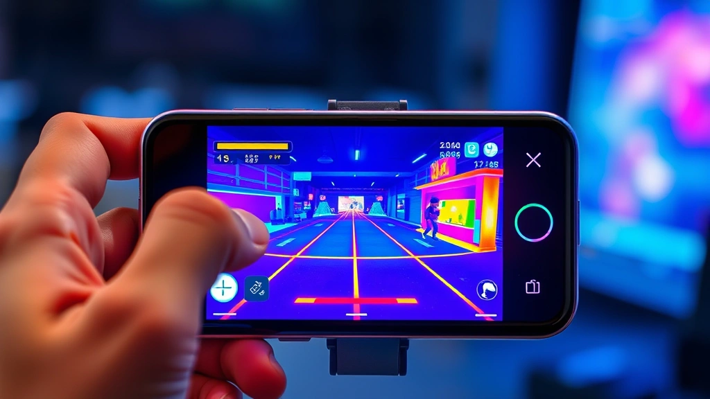 iPhone thermal imaging visualization showing cool device during Game Mode optimization, gaming session in progress, high-performance graphics rendering on screen, professional photography quality, no overlays or technical diagrams