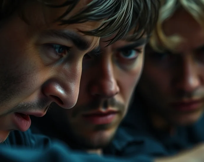 Close-up of players' faces showing intense concentration and fear during a high-stakes competition, sweat visible, in dim dramatic lighting with muted colors, photorealistic cinematic style