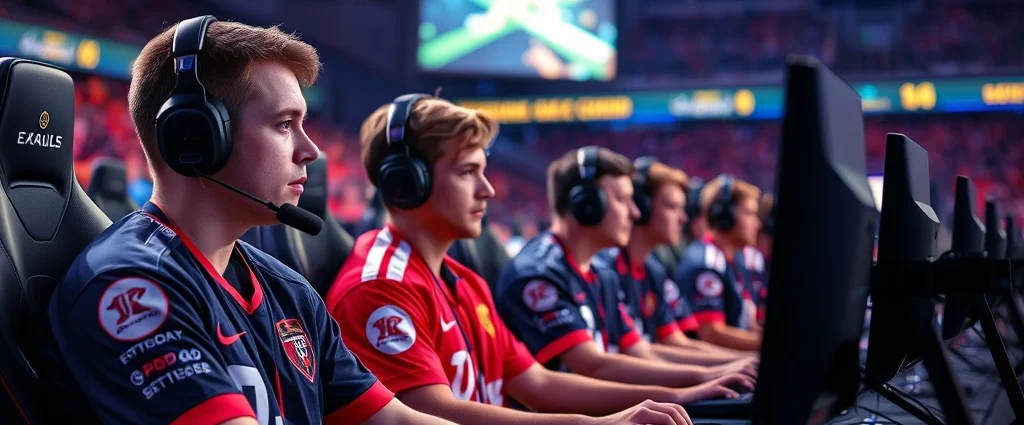 Professional esports players competing in a high-stakes tournament, sitting at gaming PCs with intense focus, stadium lighting illuminating their faces, wearing team jerseys, showcasing competitive gaming intensity