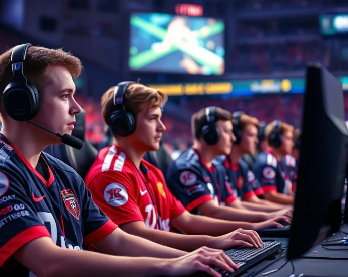 Professional esports players competing in a high-stakes tournament, sitting at gaming PCs with intense focus, stadium lighting illuminating their faces, wearing team jerseys, showcasing competitive gaming intensity