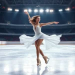 Professional figure skater in elegant white costume performing a dramatic spin on pristine ice rink with stadium lights reflecting off frozen surface, photorealistic, athletic grace