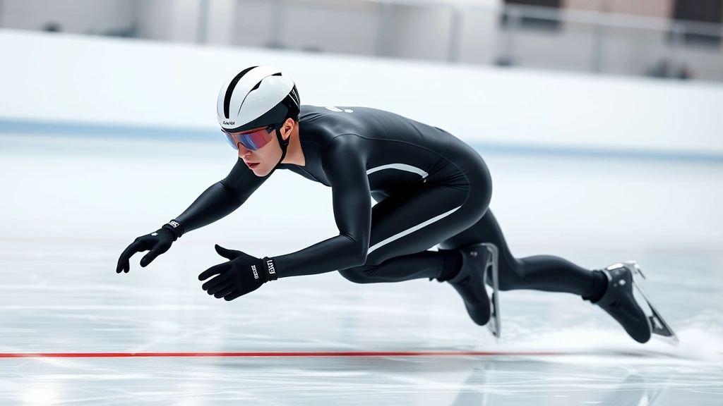 Speed skater in sleek racing suit leaning into high-speed turn on indoor ice track, dynamic motion capture, intense athletic concentration, photorealistic professional competition