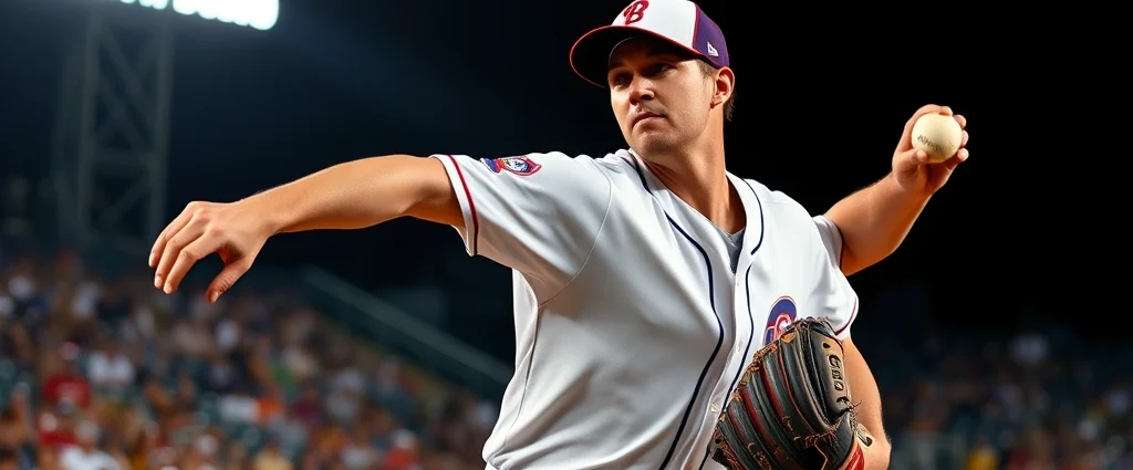 Professional baseball pitcher mid-delivery at night under stadium lights, intense focused expression, stadium crowd blurred in background, photorealistic sports photography