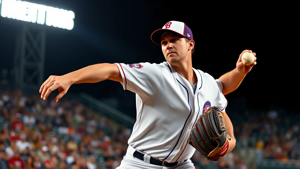 Professional baseball pitcher mid-delivery at night under stadium lights, intense focused expression, stadium crowd blurred in background, photorealistic sports photography