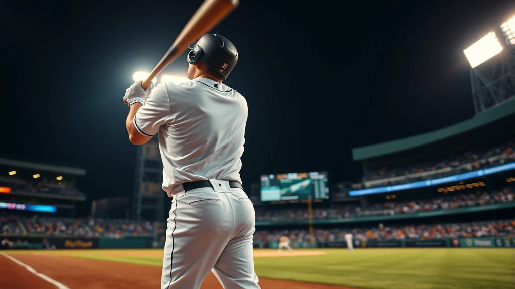 Close-up of baseball player at plate mid-swing during night game, dynamic action shot with motion blur, stadium lights illuminating player, photorealistic sports moment