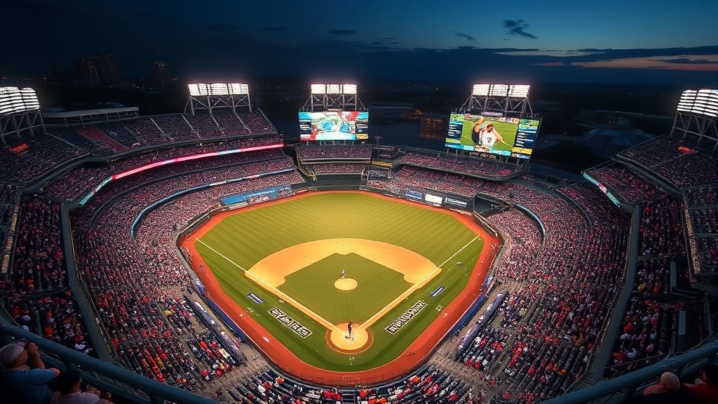 Aerial view of packed baseball stadium during evening World Series game, thousands of fans in seats, field dramatically lit, championship atmosphere captured in detail