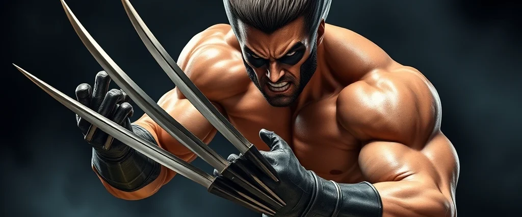 Wolverine in full combat stance with claws extended, muscular physique, dramatic lighting, intense facial expression, battle-worn armor, photorealistic, dark atmospheric background, no UI elements