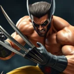 Wolverine in full combat stance with claws extended, muscular physique, dramatic lighting, intense facial expression, battle-worn armor, photorealistic, dark atmospheric background, no UI elements