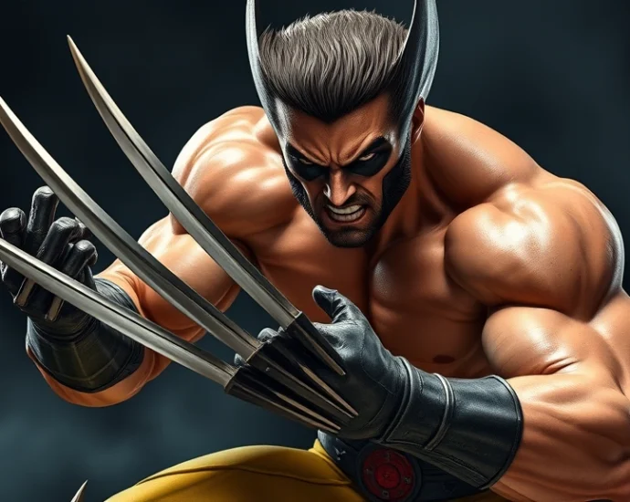 Wolverine in full combat stance with claws extended, muscular physique, dramatic lighting, intense facial expression, battle-worn armor, photorealistic, dark atmospheric background, no UI elements