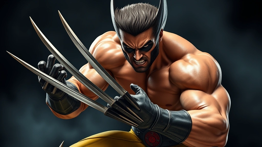 Wolverine in full combat stance with claws extended, muscular physique, dramatic lighting, intense facial expression, battle-worn armor, photorealistic, dark atmospheric background, no UI elements