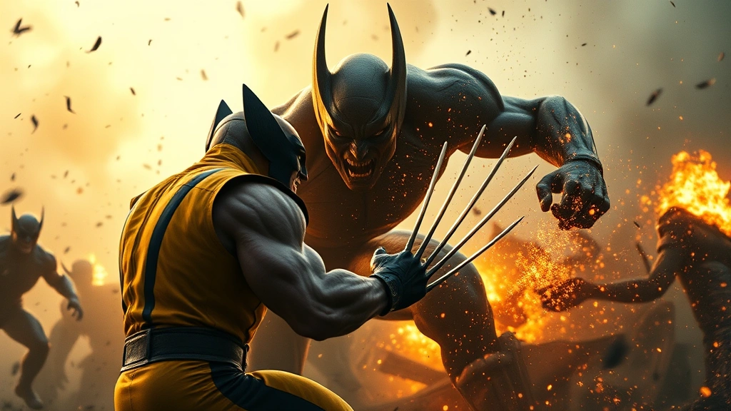 Epic boss battle scene with Wolverine facing a powerful mutant opponent, dynamic action pose, environmental destruction, cinematic lighting, sparks and combat effects, photorealistic style, dramatic composition