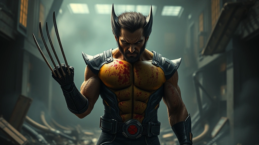 Wolverine standing victorious in a destroyed facility, claws retracted, intense gaze, blood-splattered armor, dramatic shadows, photorealistic rendering, atmospheric smoke and debris, no text or UI