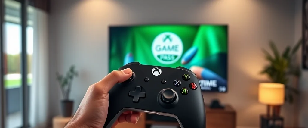 Professional gamer holding Xbox Series X controller with Game Pass Ultimate menu displayed on TV screen in background, modern living room setting with gaming setup