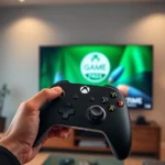 Professional gamer holding Xbox Series X controller with Game Pass Ultimate menu displayed on TV screen in background, modern living room setting with gaming setup