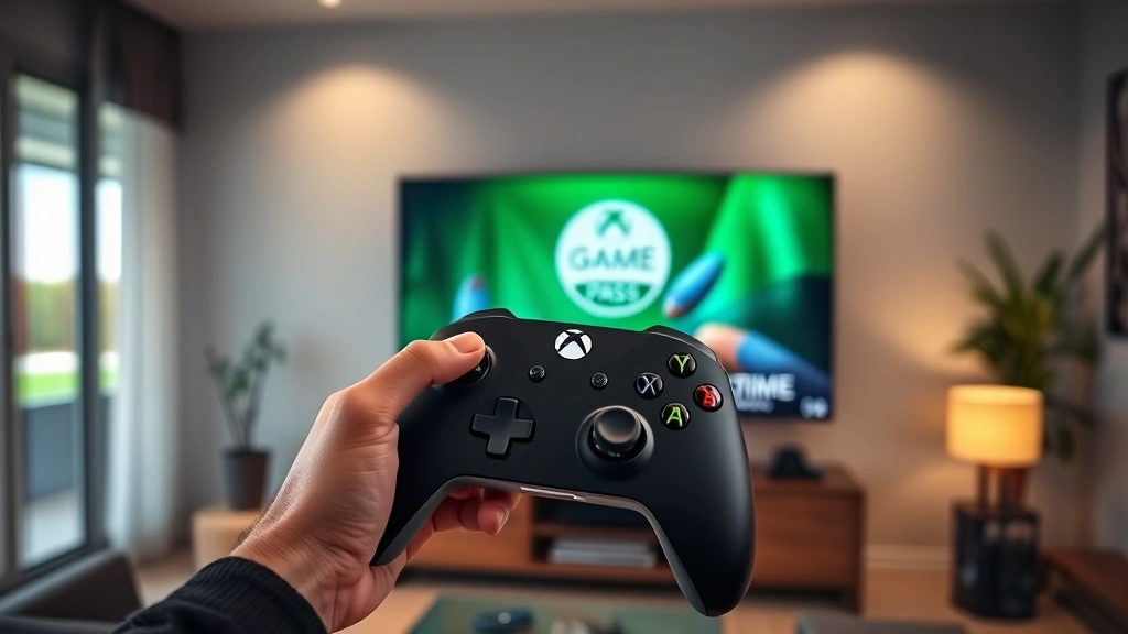 Professional gamer holding Xbox Series X controller with Game Pass Ultimate menu displayed on TV screen in background, modern living room setting with gaming setup