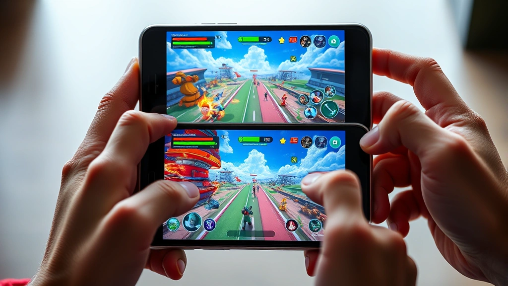 Split-screen showing cloud gaming on smartphone and tablet simultaneously, player hands holding devices with vibrant game action visible, bright gaming environment