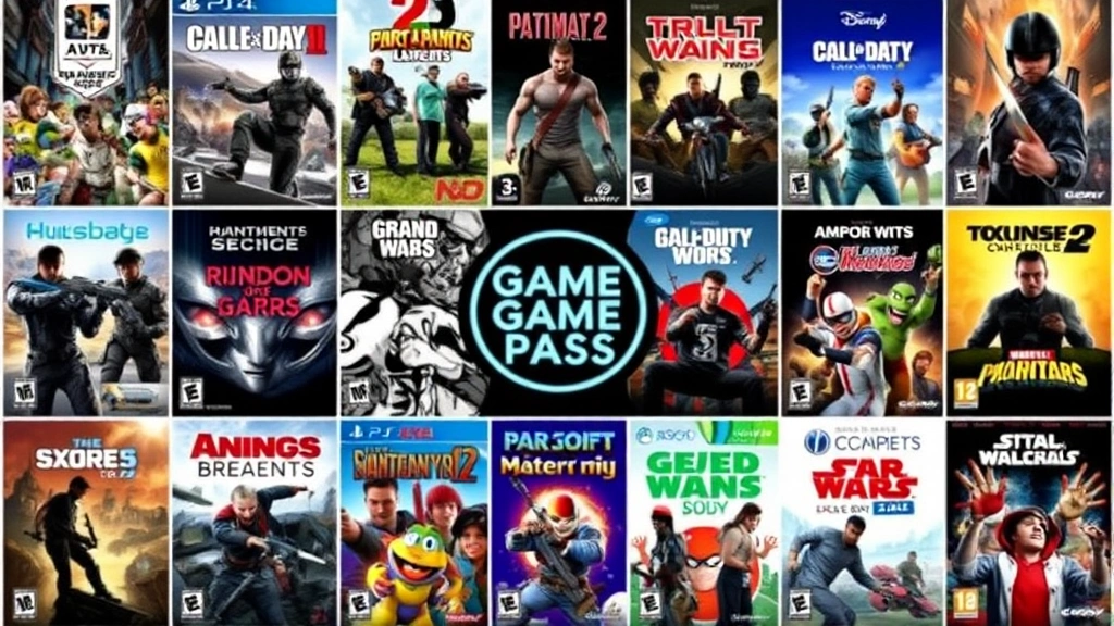 Collection of diverse video game covers and promotional artwork arranged in grid pattern, representing Game Pass library variety and genres, no text visible