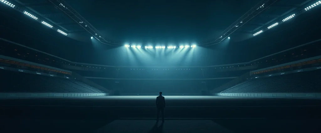 Cinematic shot of a lone figure standing in a massive empty stadium at night, dramatic lighting casting long shadows, photorealistic style, no text or UI elements