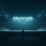 Cinematic shot of a lone figure standing in a massive empty stadium at night, dramatic lighting casting long shadows, photorealistic style, no text or UI elements