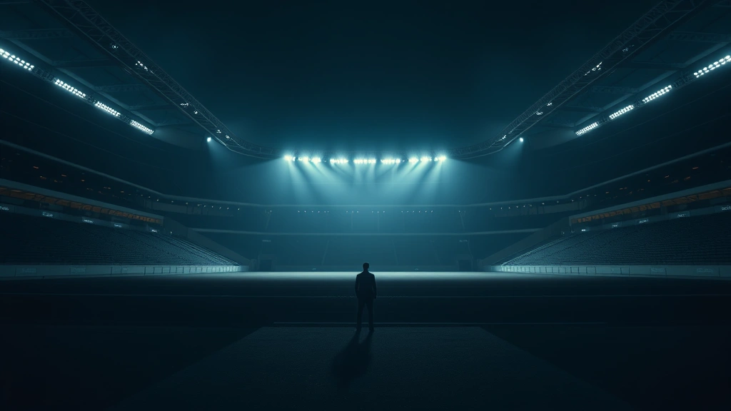 Cinematic shot of a lone figure standing in a massive empty stadium at night, dramatic lighting casting long shadows, photorealistic style, no text or UI elements
