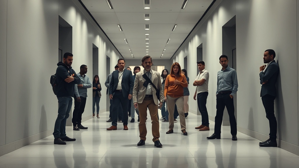 Group of diverse people in tense standoff in minimalist modern corridor, tense atmosphere, dramatic lighting, photorealistic, no signage or text visible