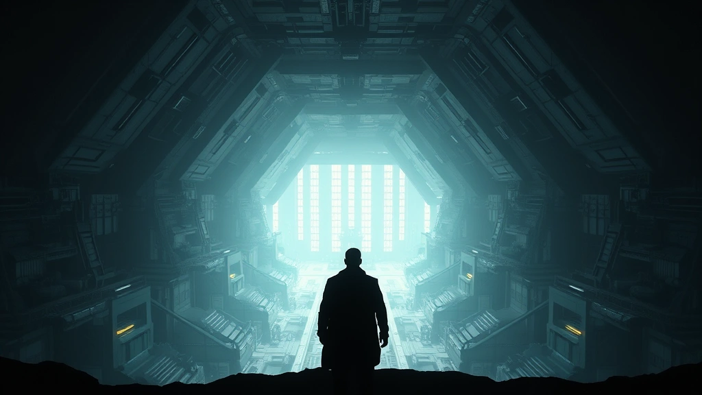 Silhouette of mysterious figure in shadows overlooking a vast underground facility with geometric architecture, moody lighting, photorealistic cinematography, no readable text