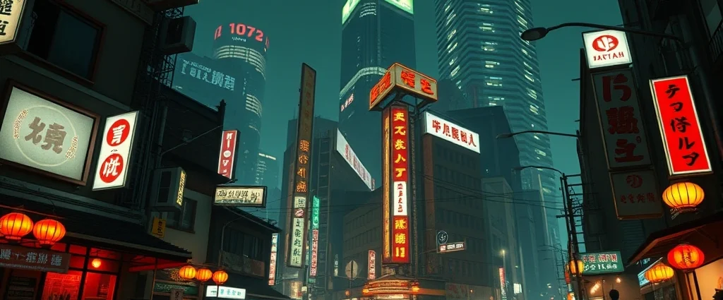 Japanese yakuza crime drama scene with neon-lit city streets at night, traditional buildings mixed with modern skyscrapers, realistic photographic style, cinematic lighting, no game UI or text elements