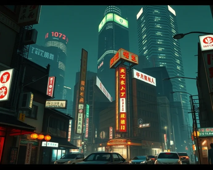 Japanese yakuza crime drama scene with neon-lit city streets at night, traditional buildings mixed with modern skyscrapers, realistic photographic style, cinematic lighting, no game UI or text elements