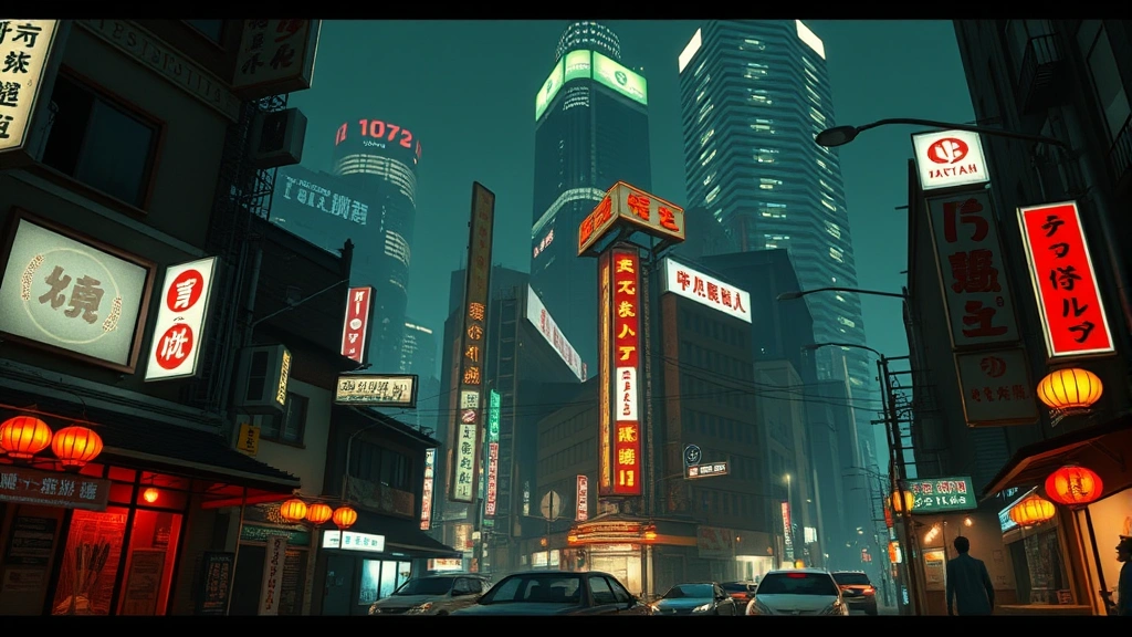 Japanese yakuza crime drama scene with neon-lit city streets at night, traditional buildings mixed with modern skyscrapers, realistic photographic style, cinematic lighting, no game UI or text elements