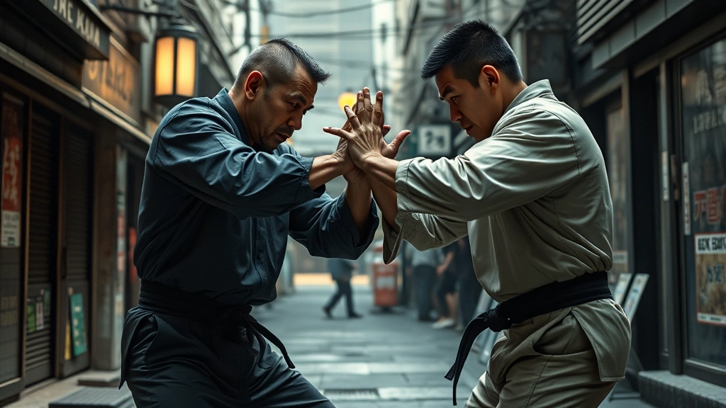 Intense hand-to-hand combat between two men in an urban alley setting, dynamic action pose, realistic martial arts movement, Japanese street environment background, dramatic lighting and shadows, no HUD or interface elements