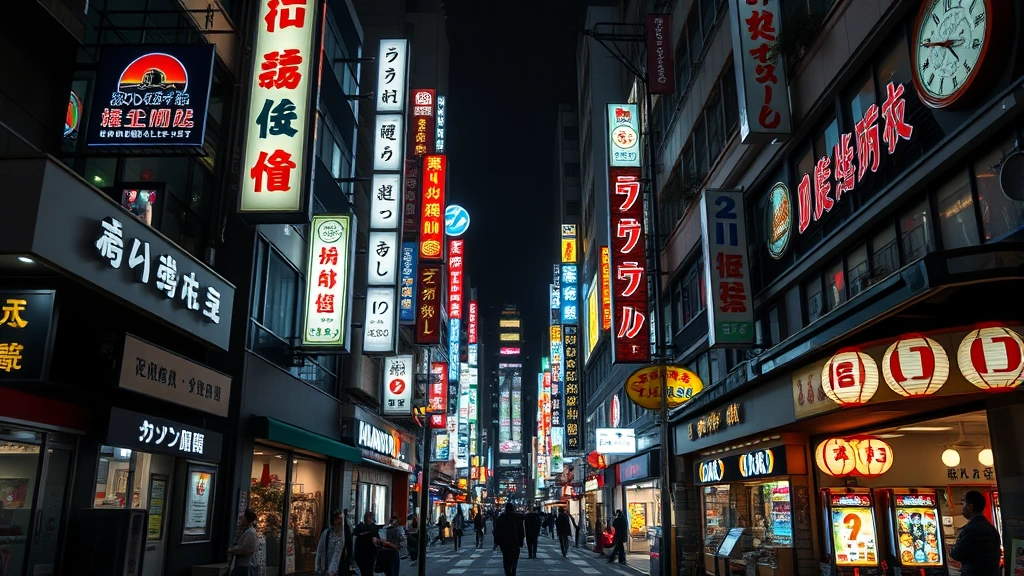 Modern Japanese city district showing Kamurocho-inspired street scene with restaurants, pachinko parlors, and neon signs illuminating nighttime atmosphere, realistic photography style, bustling urban environment, no overlaid text or game menus