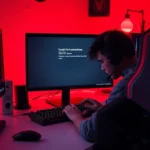 Frustrated gamer at computer desk with error message on monitor, dramatic red lighting, hands on keyboard, modern gaming setup with RGB peripherals