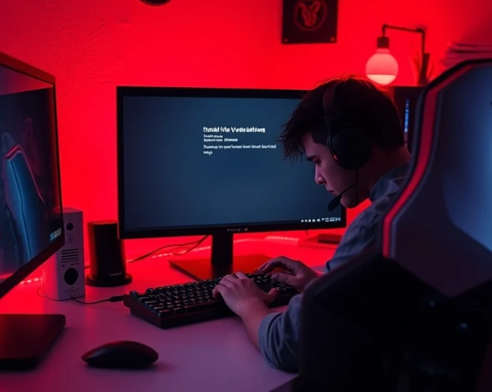 Frustrated gamer at computer desk with error message on monitor, dramatic red lighting, hands on keyboard, modern gaming setup with RGB peripherals