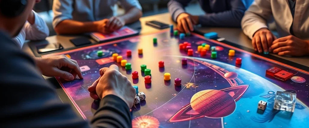 Space-themed board game in action with players gathered around, colorful game pieces positioned on an illustrated cosmic board, dice visible, warm lighting highlighting the vibrant artwork and game components during an active turn