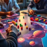 Space-themed board game in action with players gathered around, colorful game pieces positioned on an illustrated cosmic board, dice visible, warm lighting highlighting the vibrant artwork and game components during an active turn