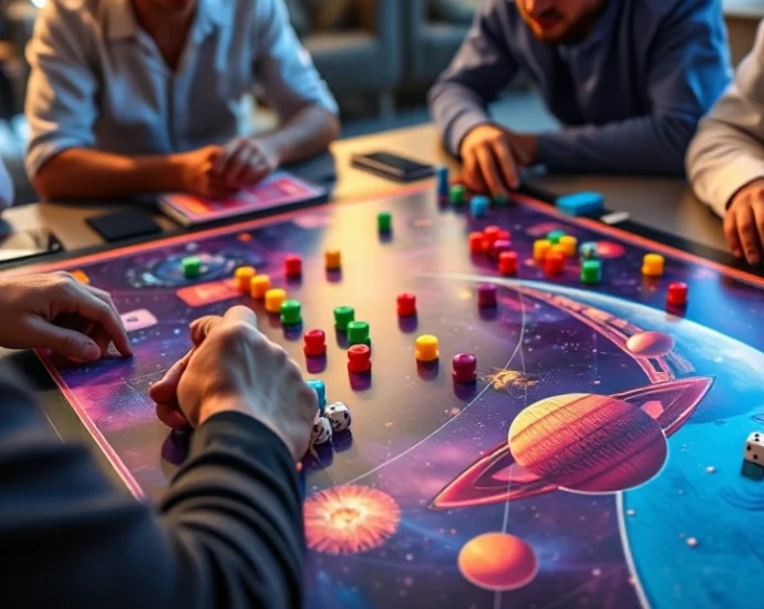 Space-themed board game in action with players gathered around, colorful game pieces positioned on an illustrated cosmic board, dice visible, warm lighting highlighting the vibrant artwork and game components during an active turn