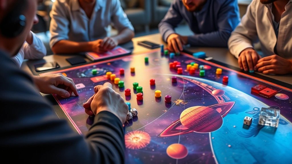 Space-themed board game in action with players gathered around, colorful game pieces positioned on an illustrated cosmic board, dice visible, warm lighting highlighting the vibrant artwork and game components during an active turn